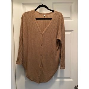 Womens Waffle Knit Tunic Blouse Tie Knot